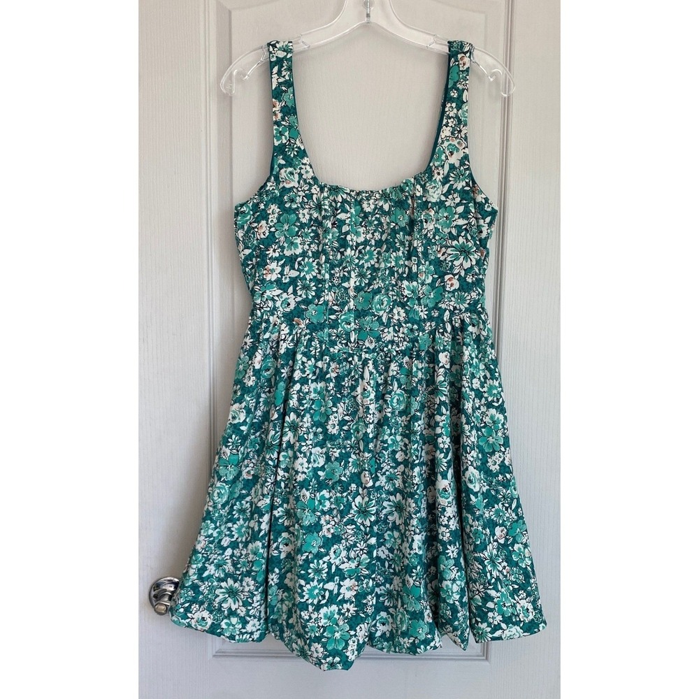 Band of the Free Anthropologie Teal Floral Smocked Mini Dress Boho L